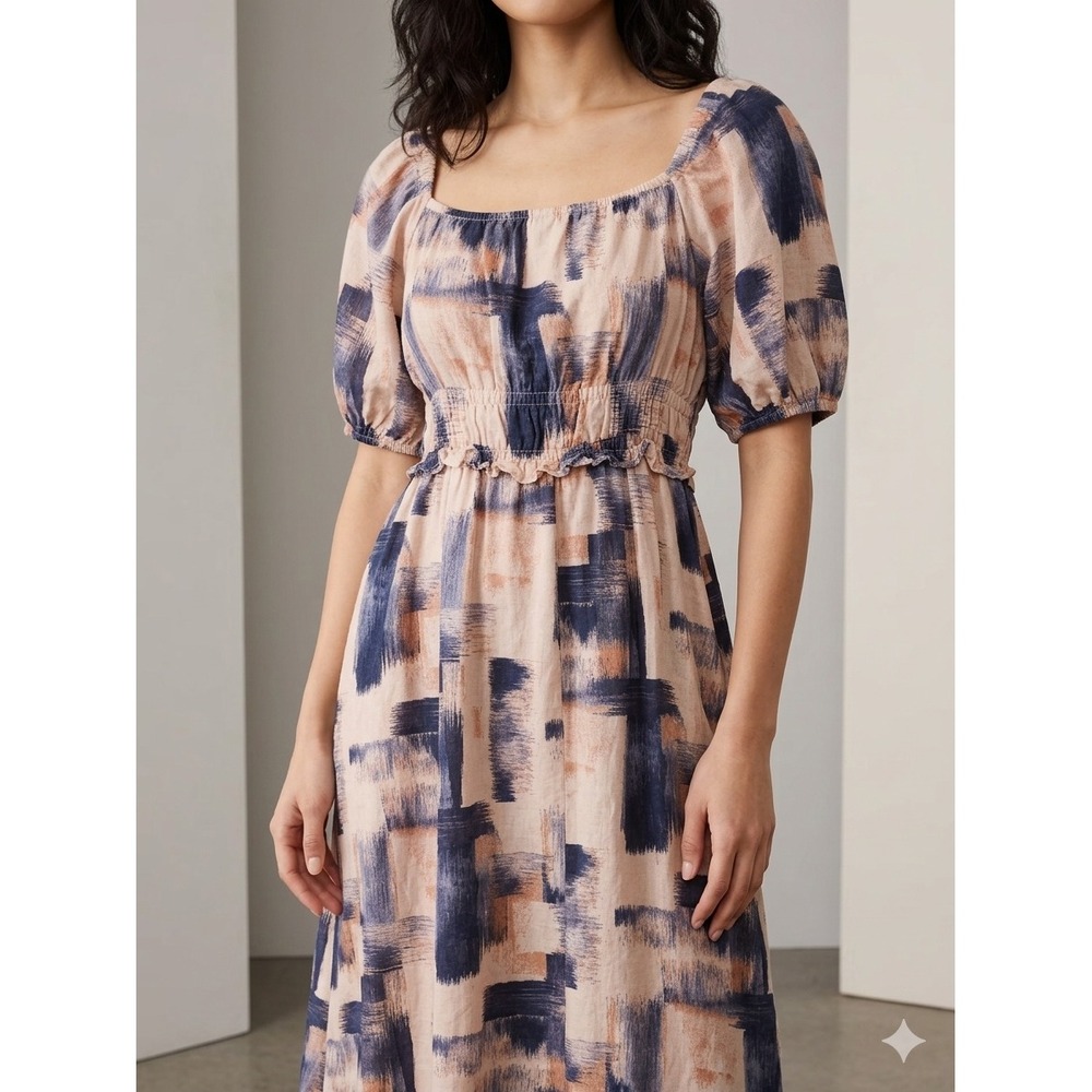Abstract Brushstroke Midi Dress Peach Navy Universal Thread  Puff Sleeve XS